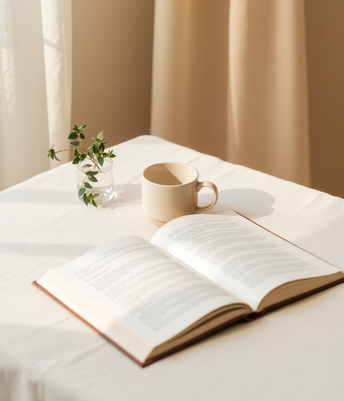 A calm window-lit table with an open book and small plant
